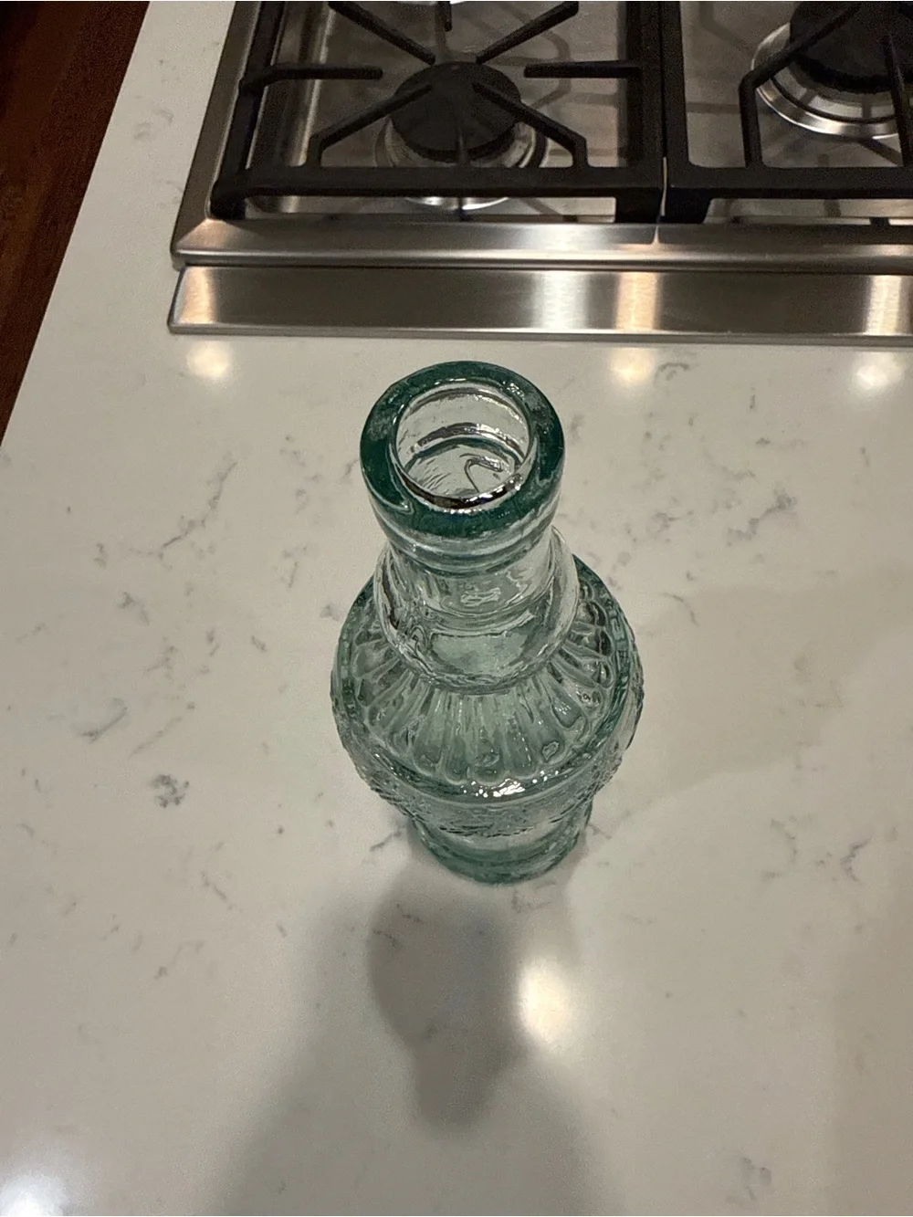 Vintage Spanish Recycled Glass Bottle Vase Aqua Green Embossed Pinecone